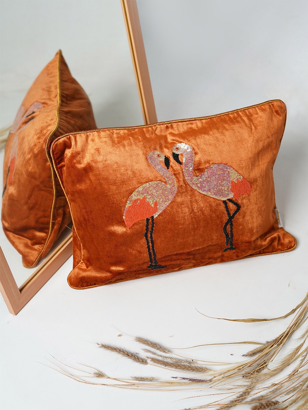 

Folkstorys Rust & Gold-Toned Ethnic Motifs Velvet Rectangle Cushion Covers