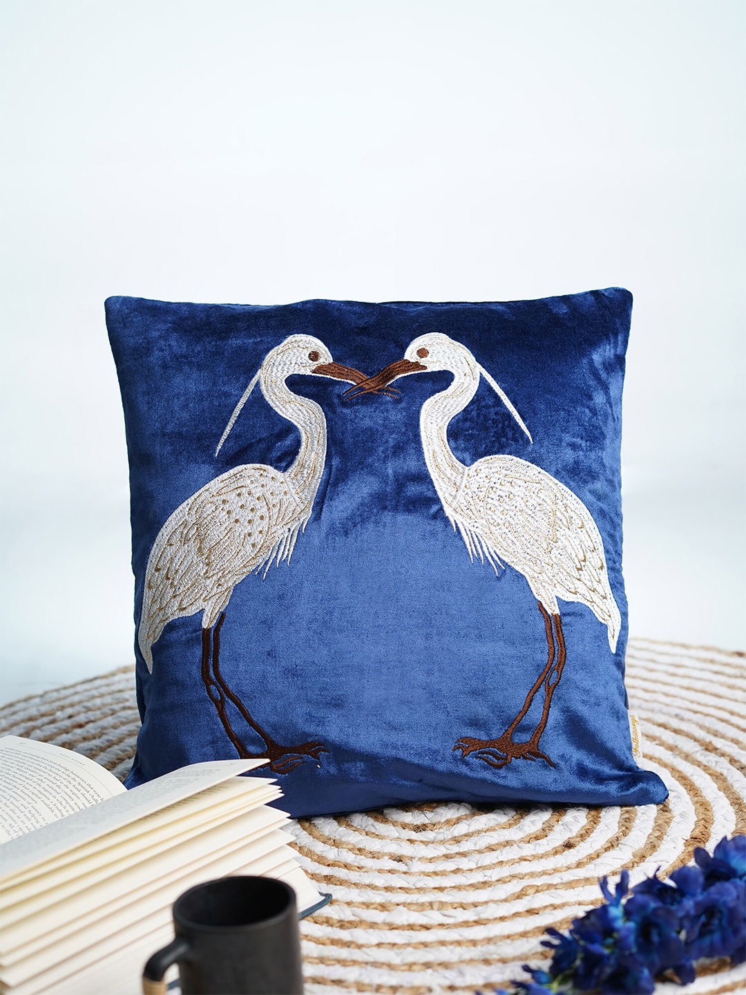 

Folkstorys Blue & White Embroidered Velvet Square Cushion Covers