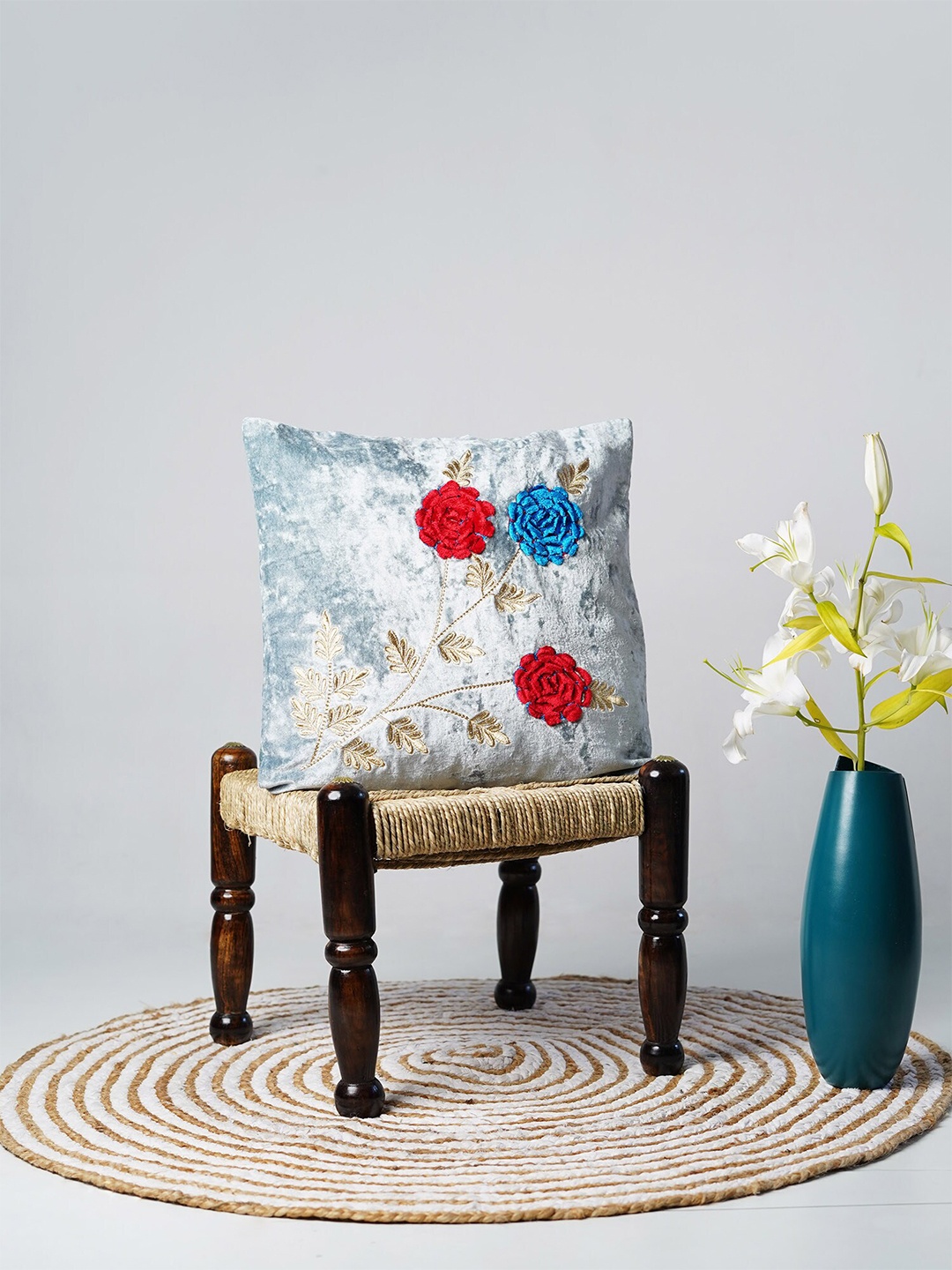 

Folkstorys Grey & Red Embroidered Velvet Square Cushion Covers