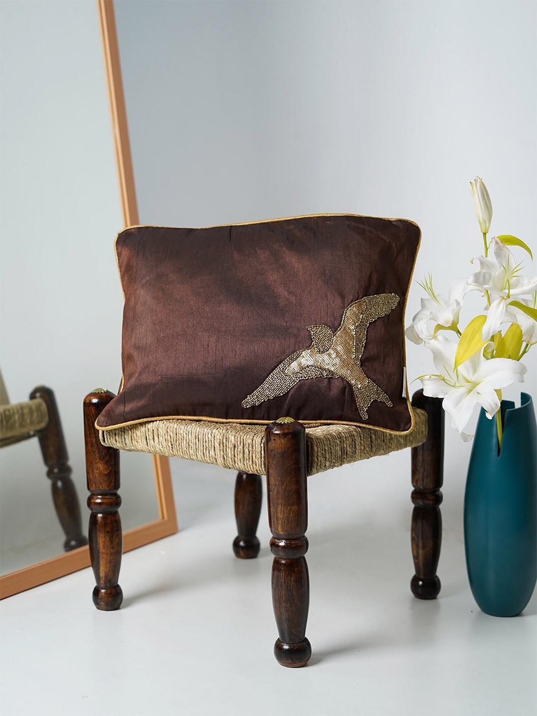 

Folkstorys Brown & Gold-Toned Embroidered Velvet Rectangle Cushion Covers