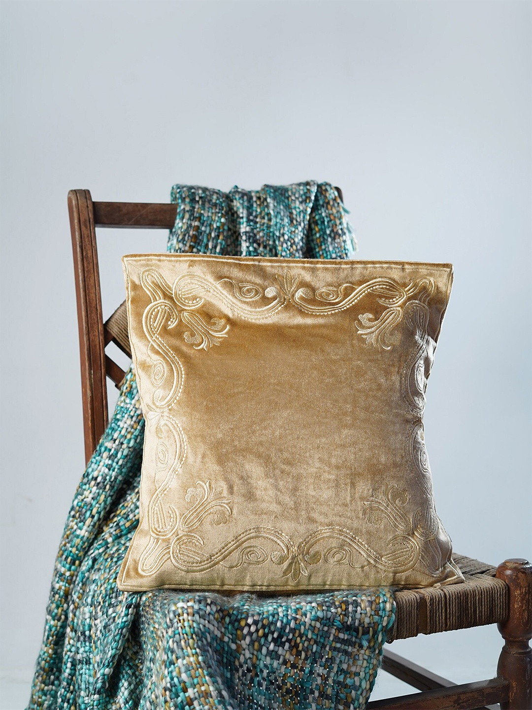 

Folkstorys Beige Embroidered Velvet Square Cushion Covers