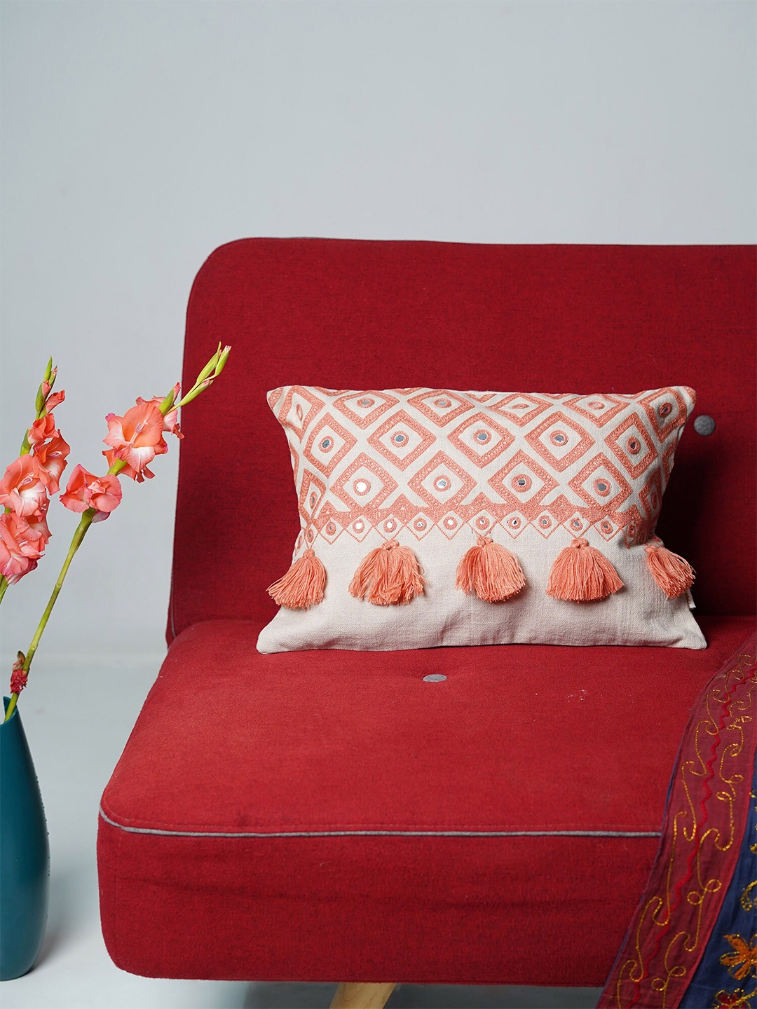 Folkstorys Coral & Grey Embroidered Cotton Rectangle Cushion Covers