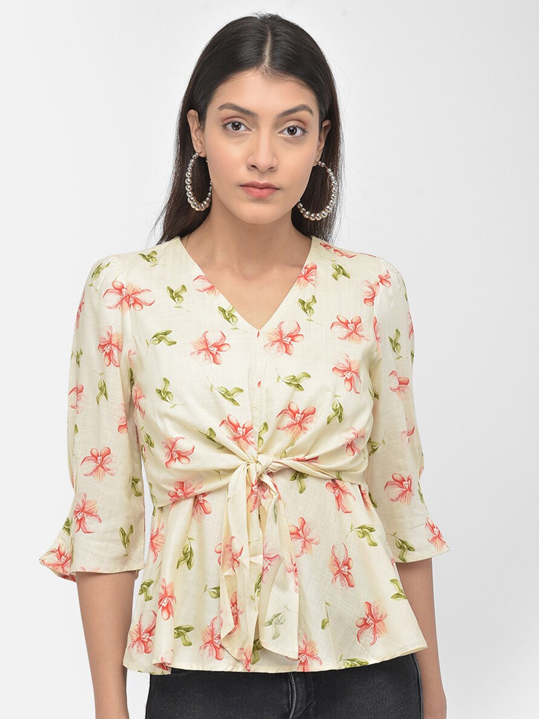 

Latin Quarters Beige Floral Cinched Waist Top