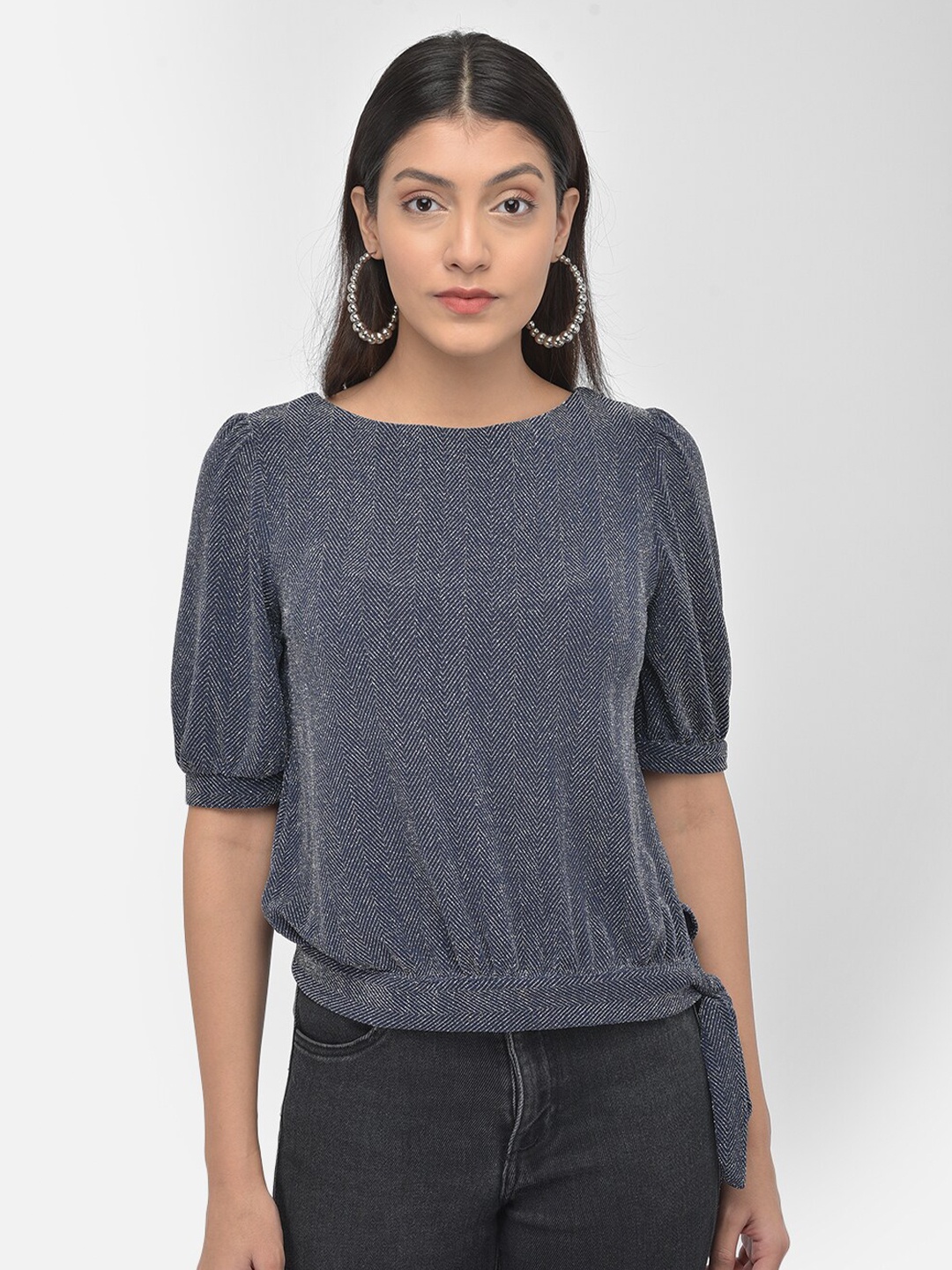 

Latin Quarters Blue Blouson Tie Bow Top