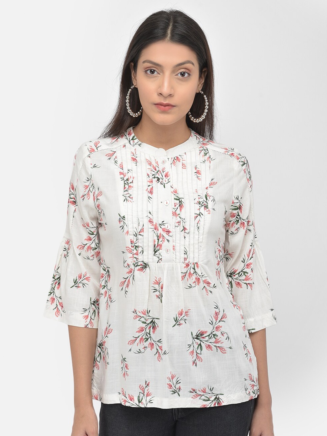 

Latin Quarters White & Peach Floral Printed Pleated Top