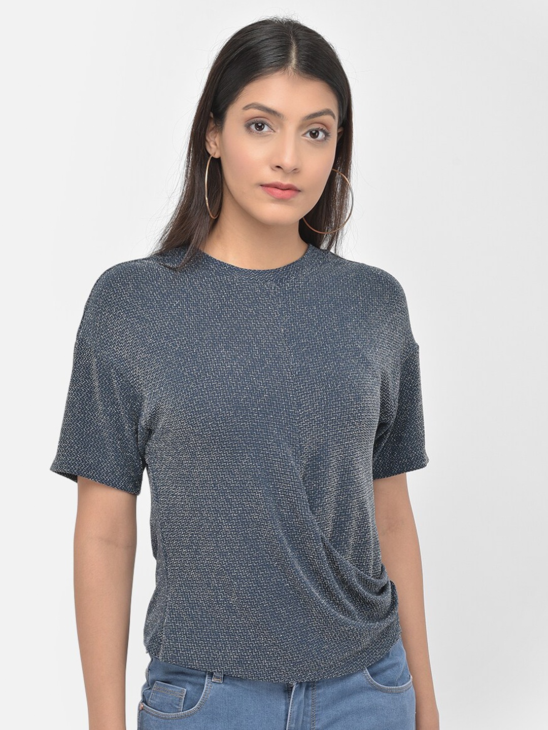 

Latin Quarters Blue & Silver-Toned Self Design Round neck Regular Top