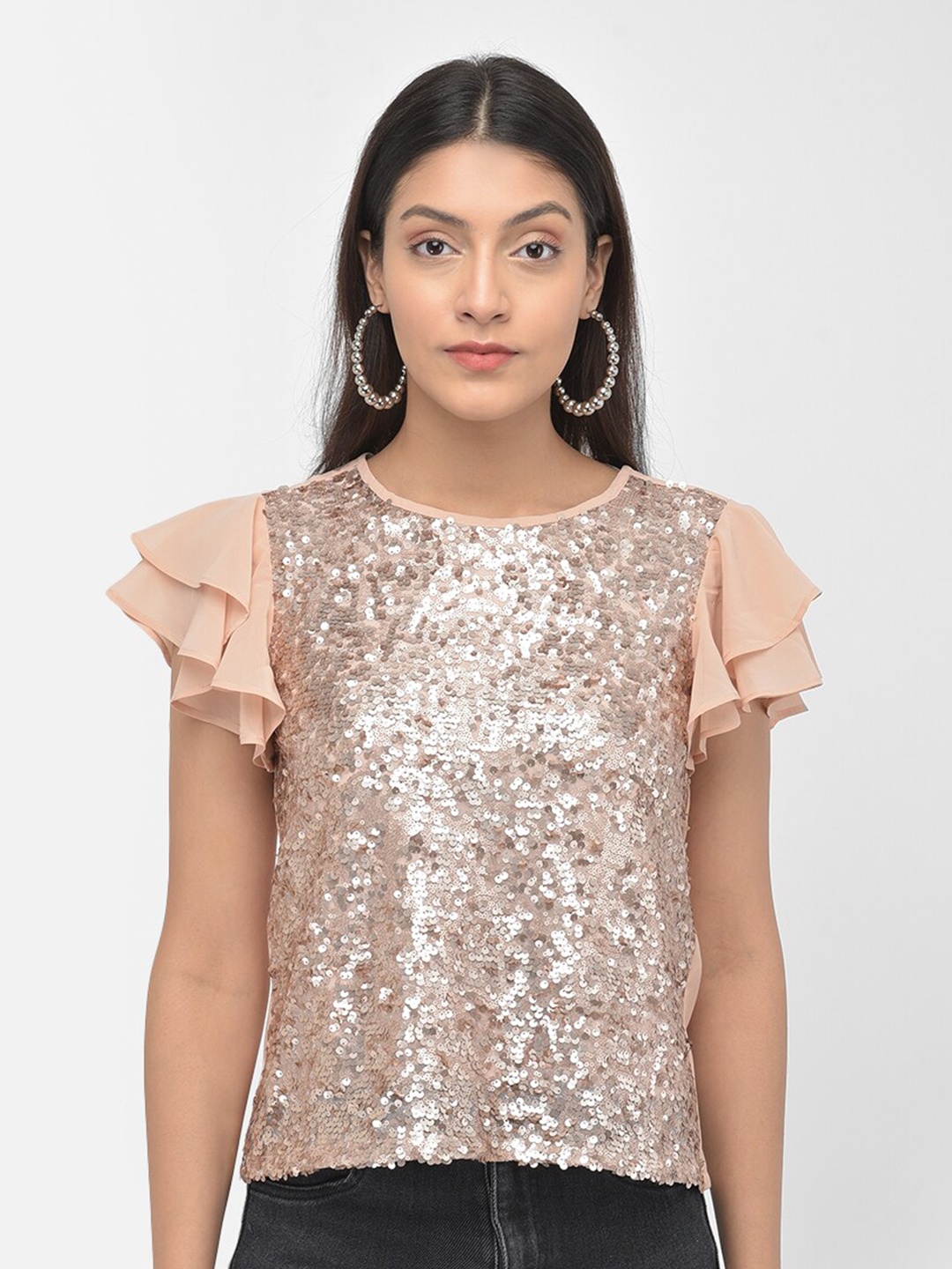 

Latin Quarters Beige Sequins Embellished Regular Top