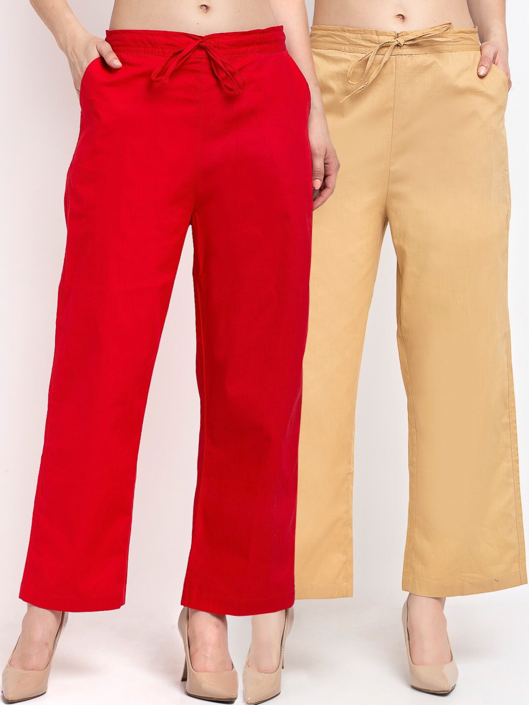 

GRACIT Pac of 2 Women Red & Beige Loose Fit Cotton Parallel Trousers