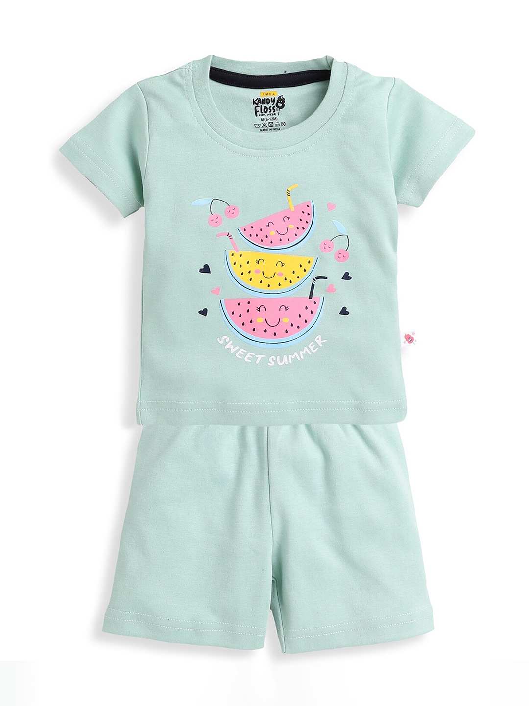

AMUL Kandyfloss Boys Green & Pink Printed Pure Cotton T-shirt with Shorts