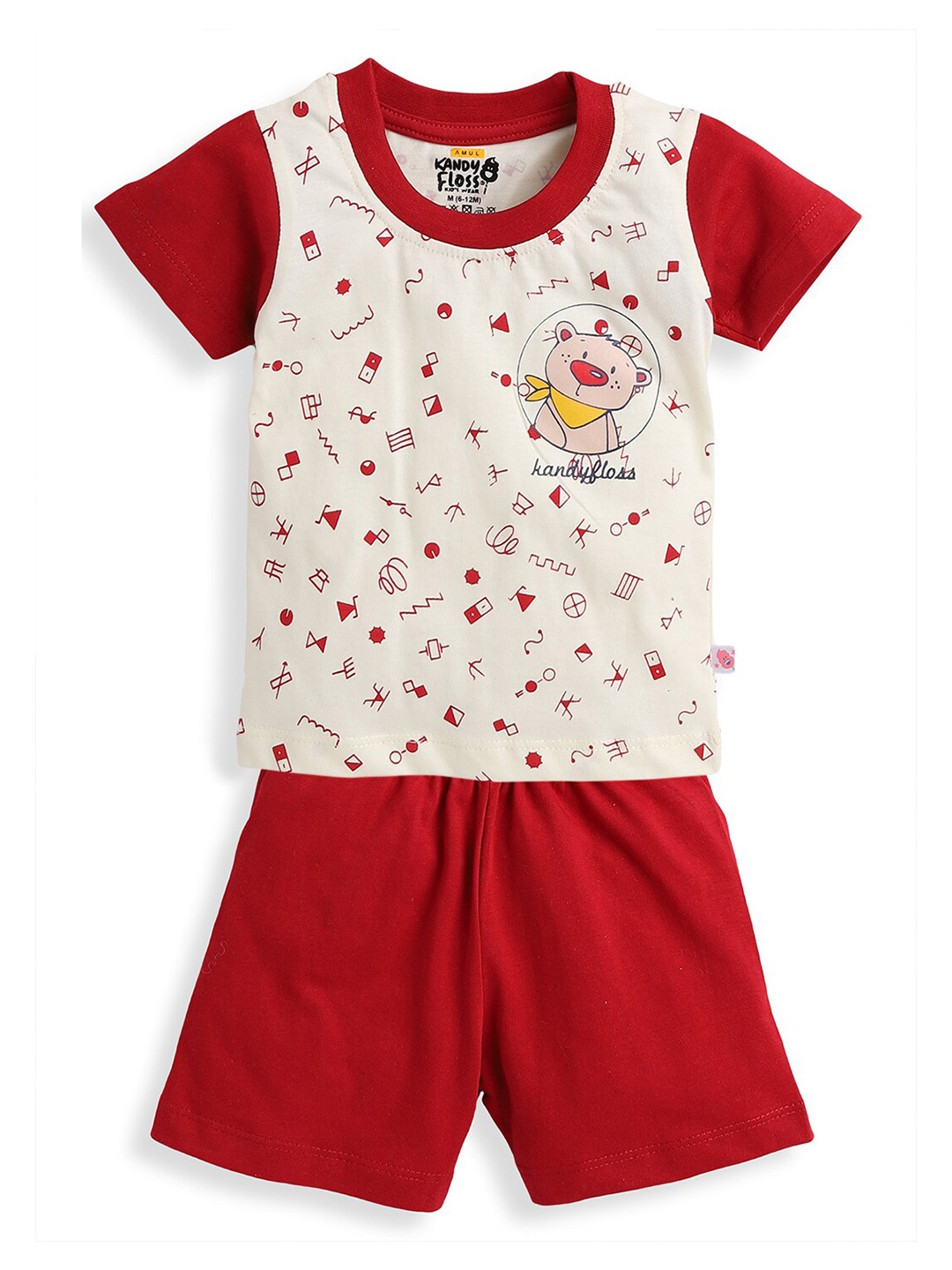 

AMUL Kandyfloss Boys Red & Off White Printed T-shirt with Shorts