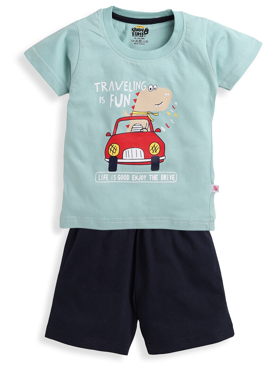 

AMUL Kandyfloss Boys Green & Black Printed T-shirt with Shorts