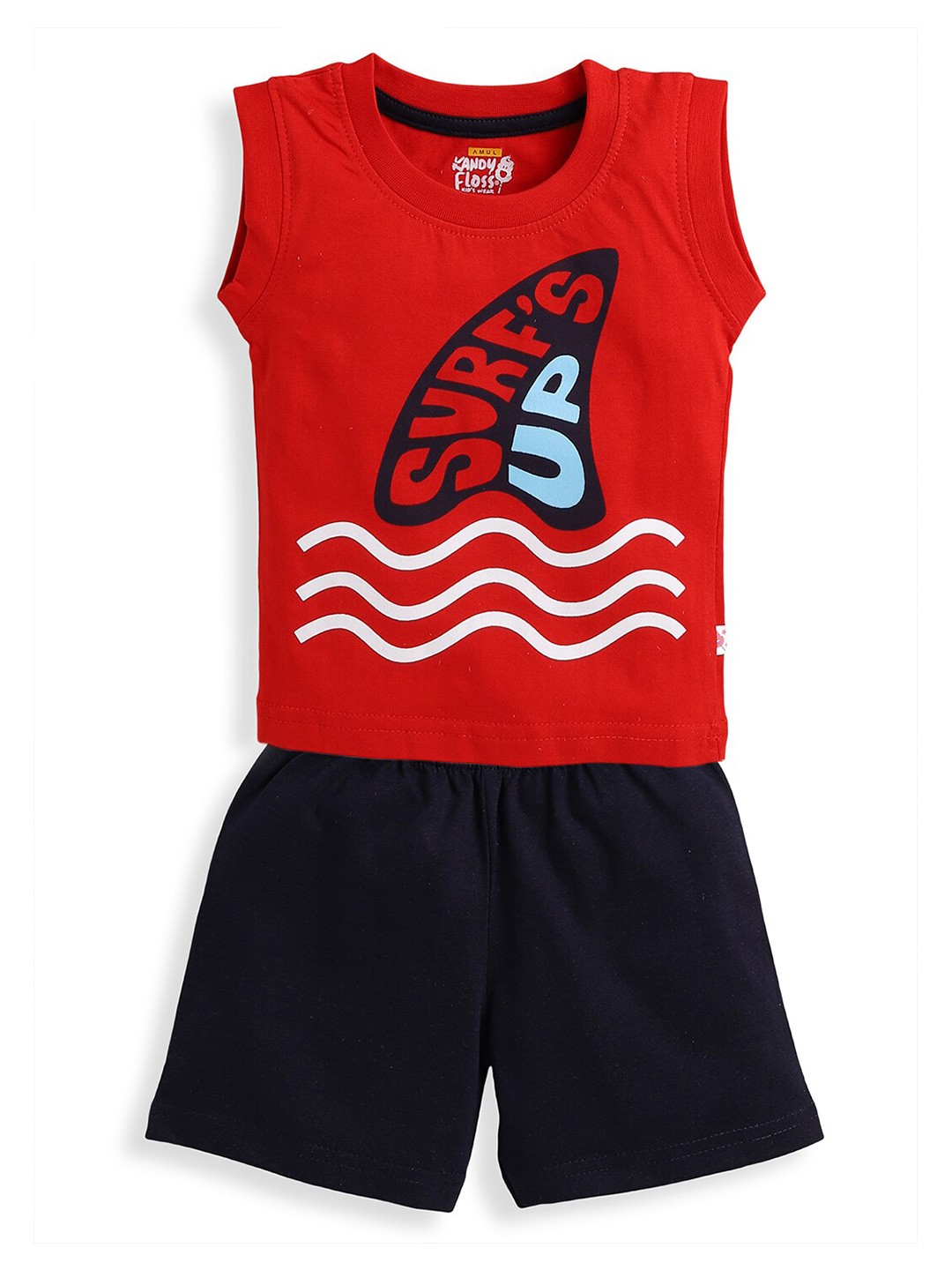 

AMUL Kandyfloss Boys Red & Navy Blue Printed Pure Cotton T-shirt with Shorts