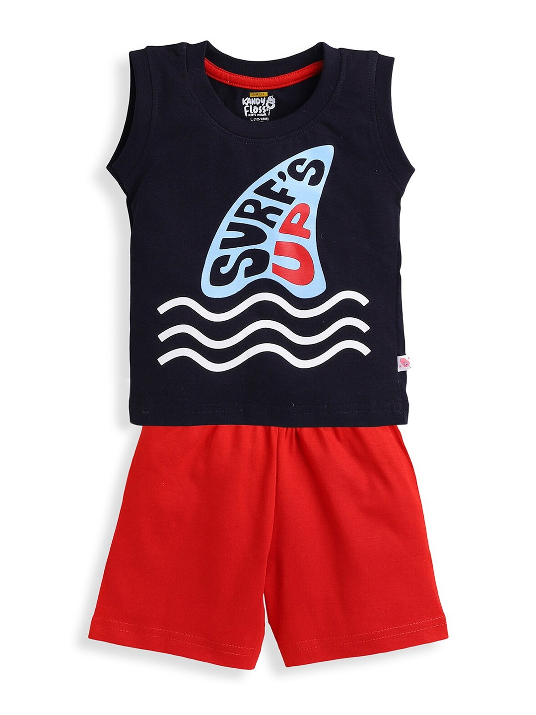 

AMUL Kandyfloss Boys Navy Blue & Red Printed Pure Cotton T-shirt with Shorts