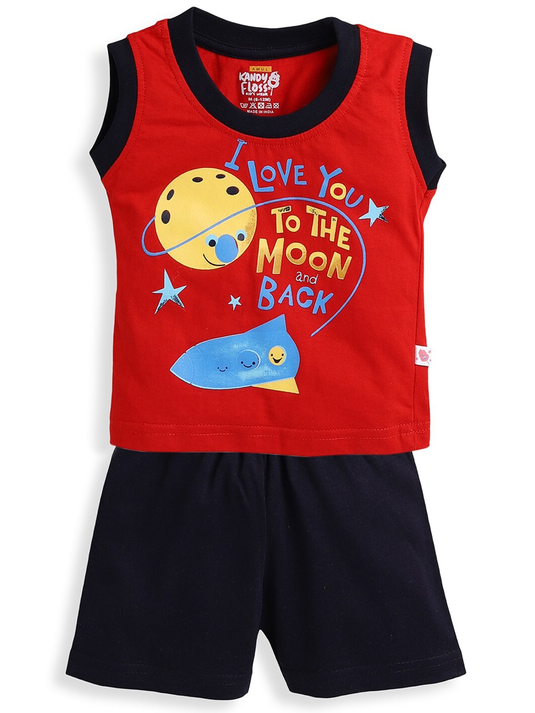 

AMUL Kandyfloss Boys Red & Black Printed T-shirt with Shorts