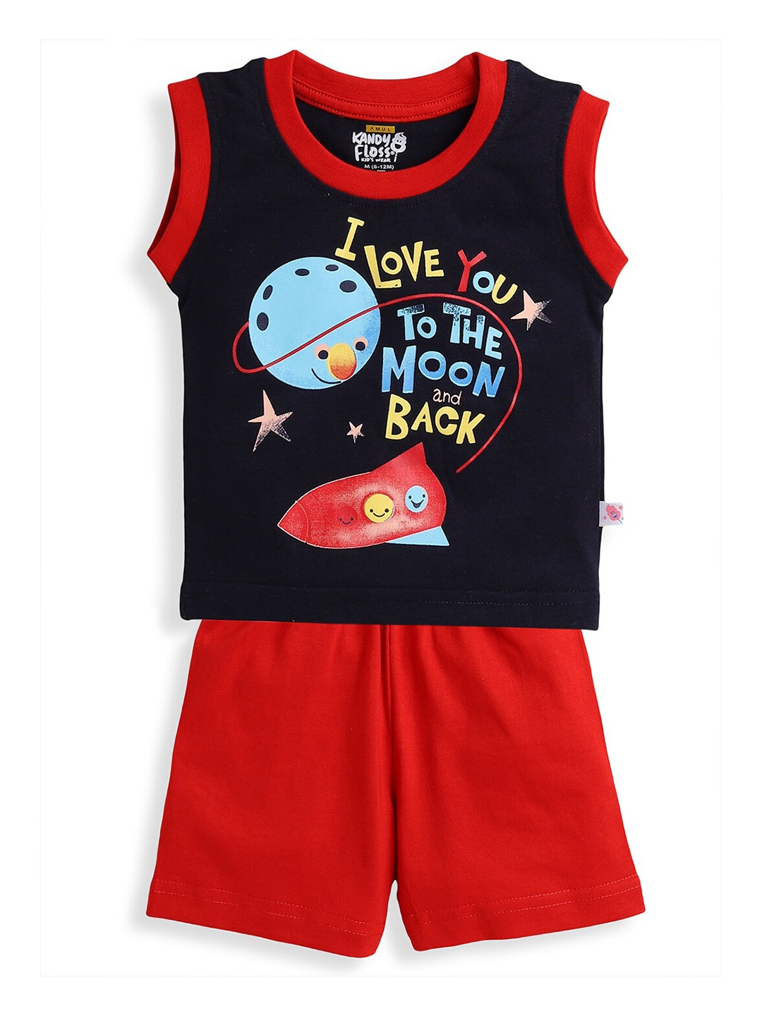 

AMUL Kandyfloss Boys Navy Blue & Red Printed T-shirt with Shorts