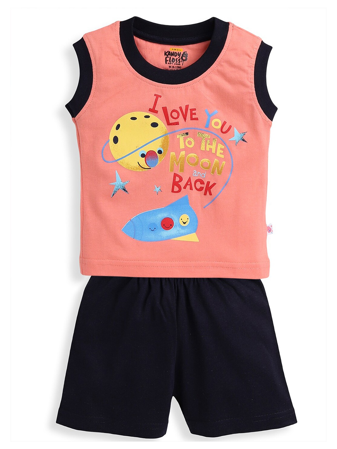

AMUL Kandyfloss Boys Peach-Coloured & Black Printed T-shirt with Shorts