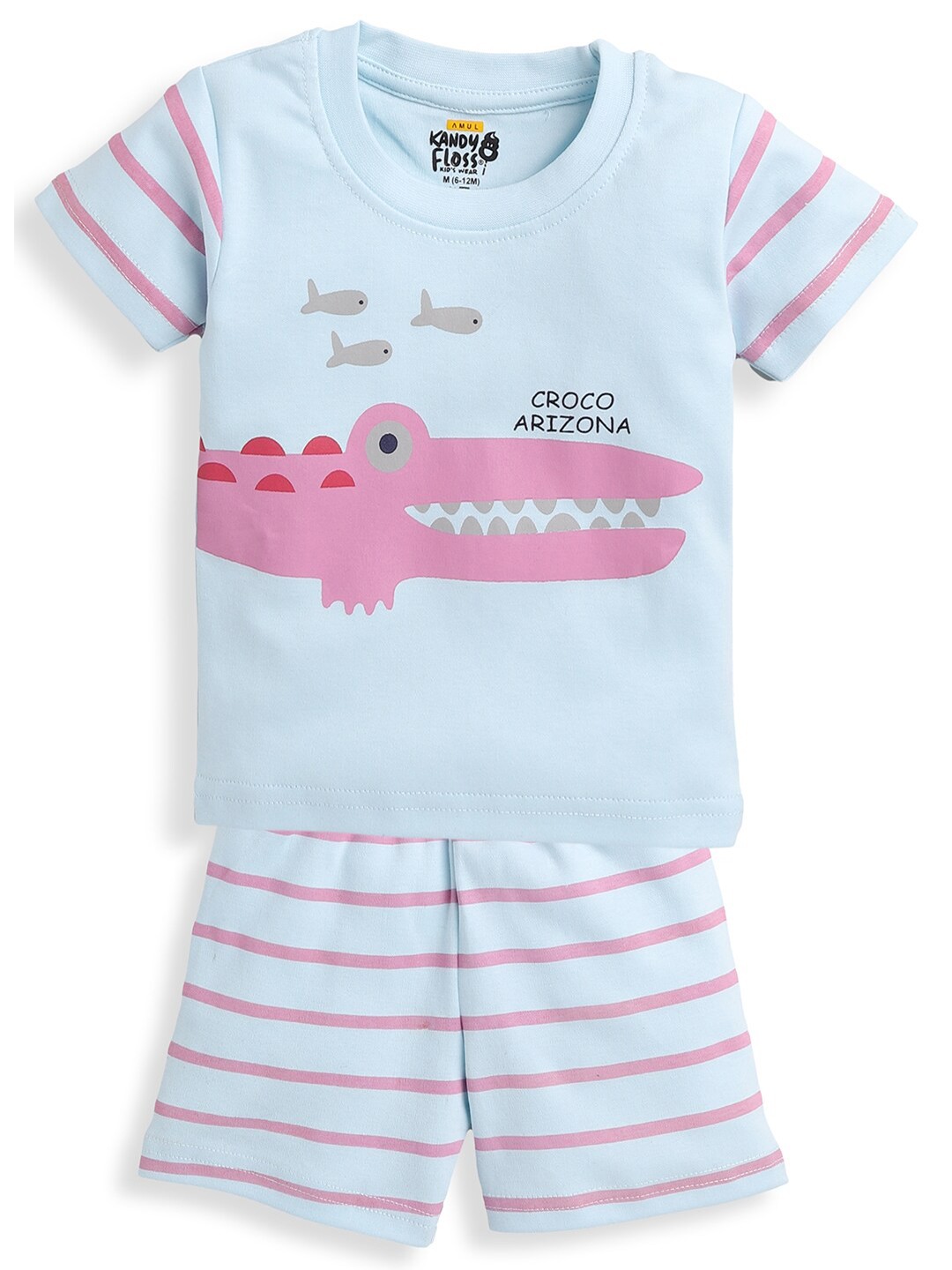 

AMUL Kandyfloss Boys Blue & Pink Printed Pure Cotton T-shirt with Shorts