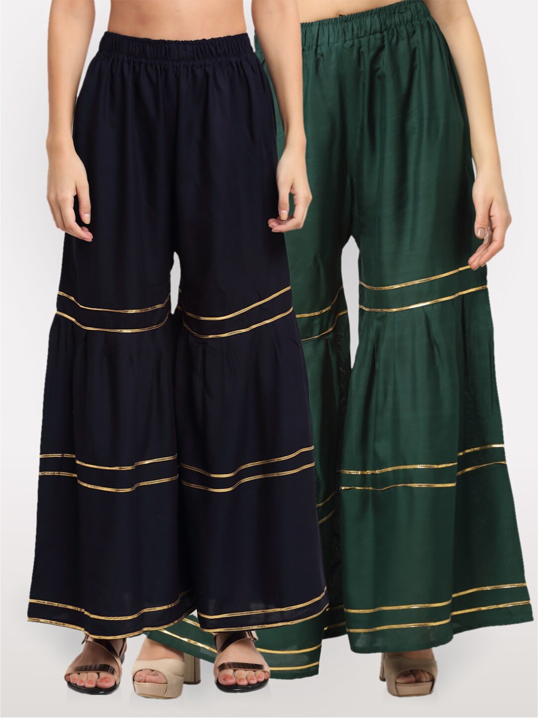 

NEUDIS Pack of 2 Women Navy Blue & Green Flared Ethnic Palazzos