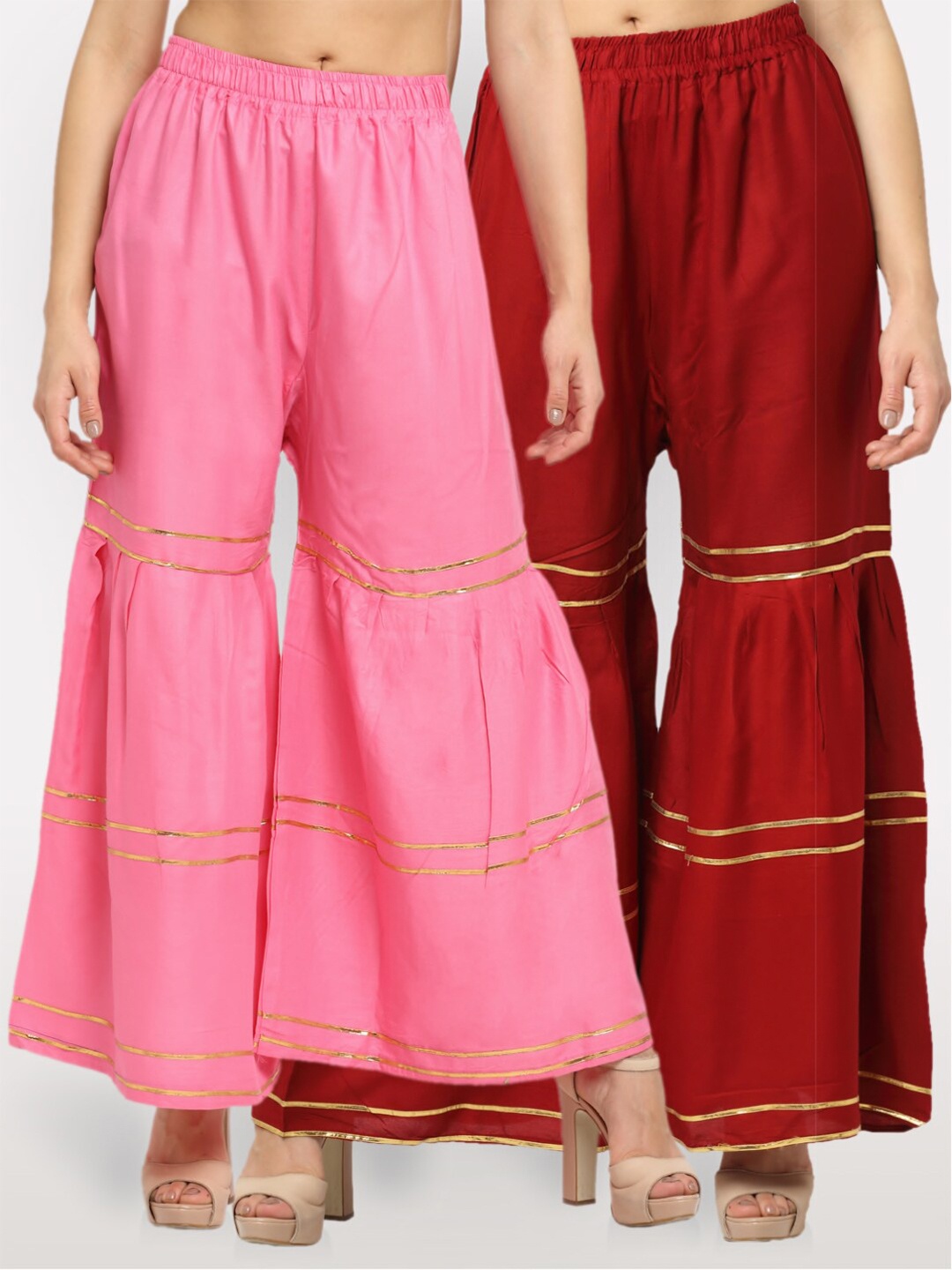 

NEUDIS Women Pack Of 2 Women Pink & Red Geometric Flared Sharara Palazzos