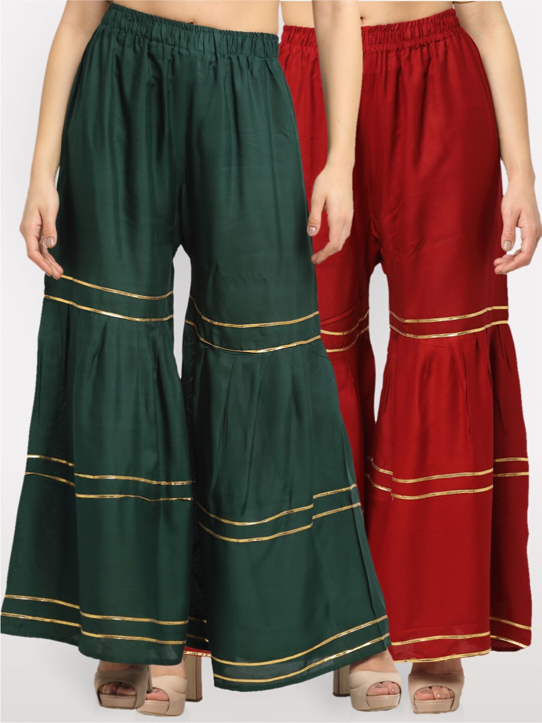 

NEUDIS Women Pack of 2 Green & Maroon Solid Flared Palazzos