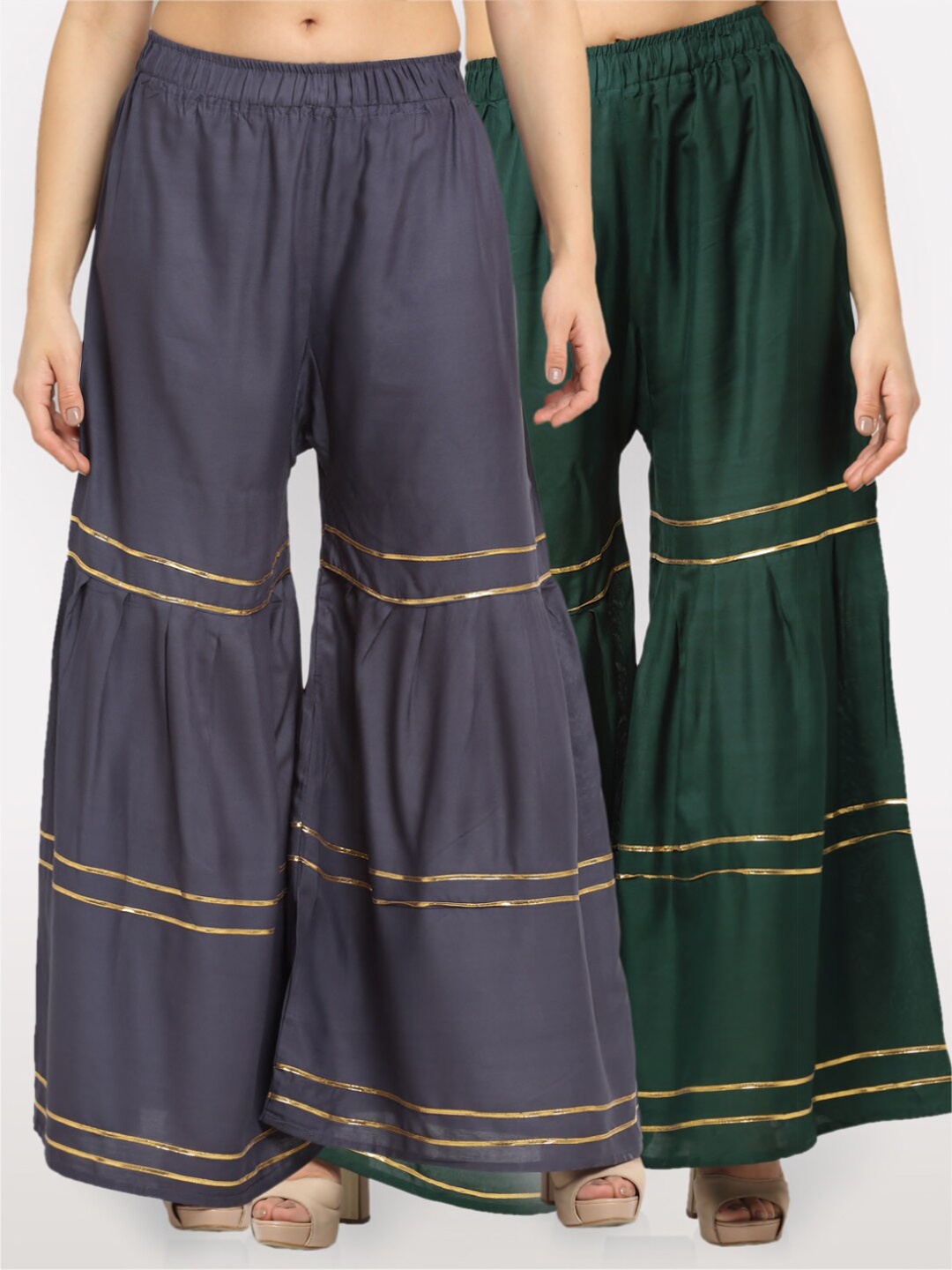 

NEUDIS Women Pack of 2 Flared Ethnic Palazzos, Grey