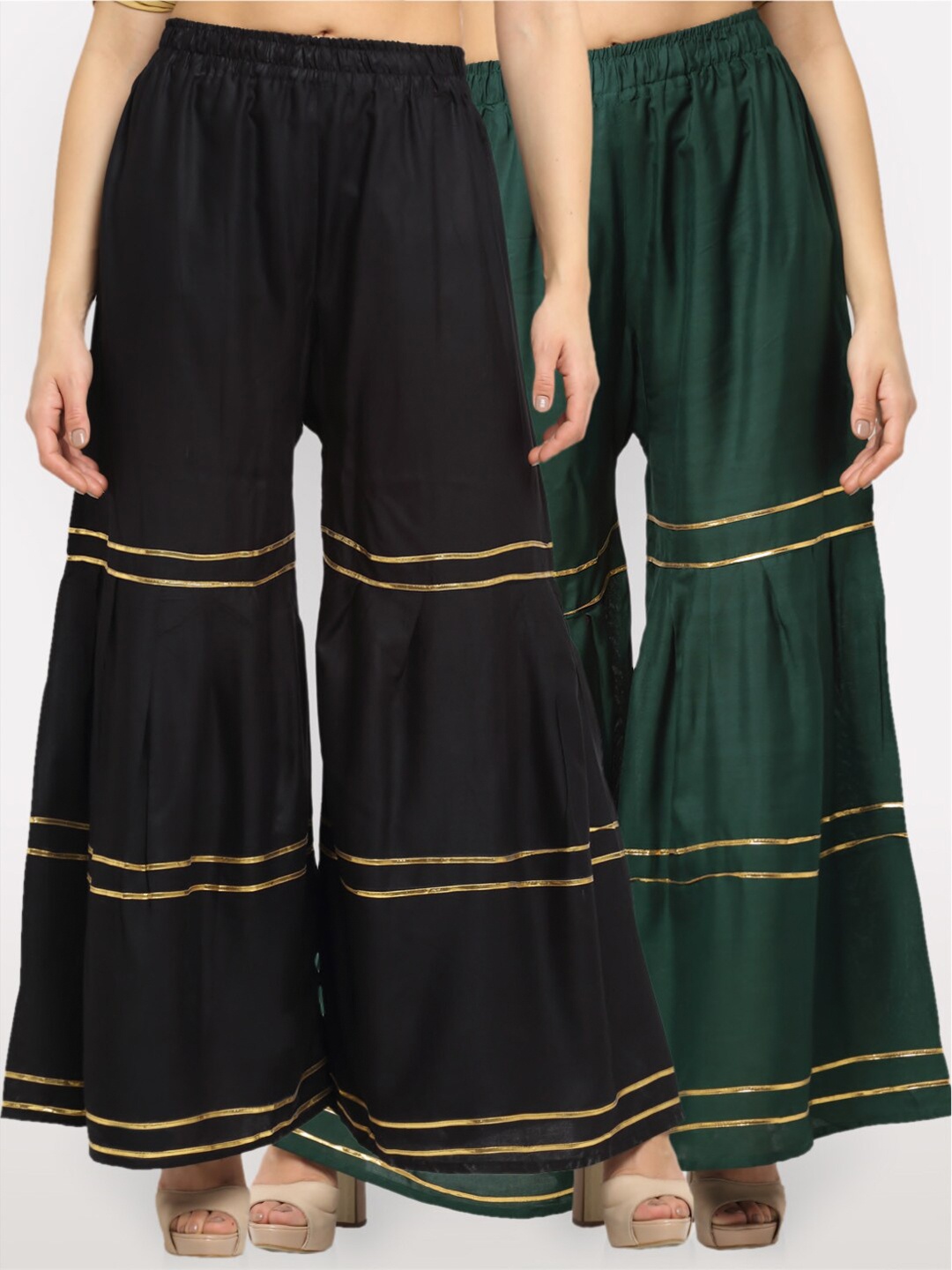 

NEUDIS Pack Of 2 Women Black & Green Flared Ethnic Palazzos