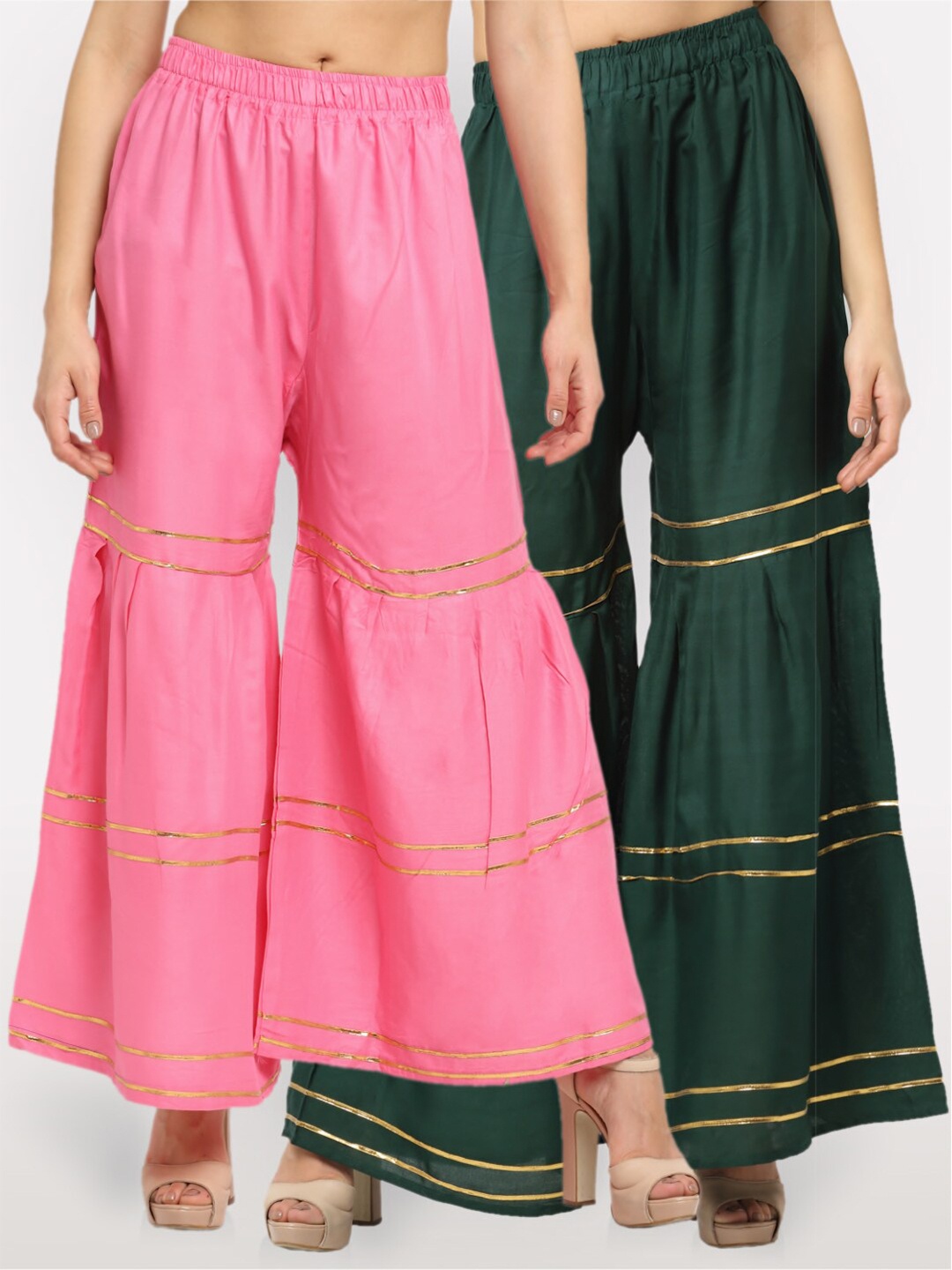 

NEUDIS Women Pack of 2 Women Pink & Green Geometric Flared Sharara Palazzos