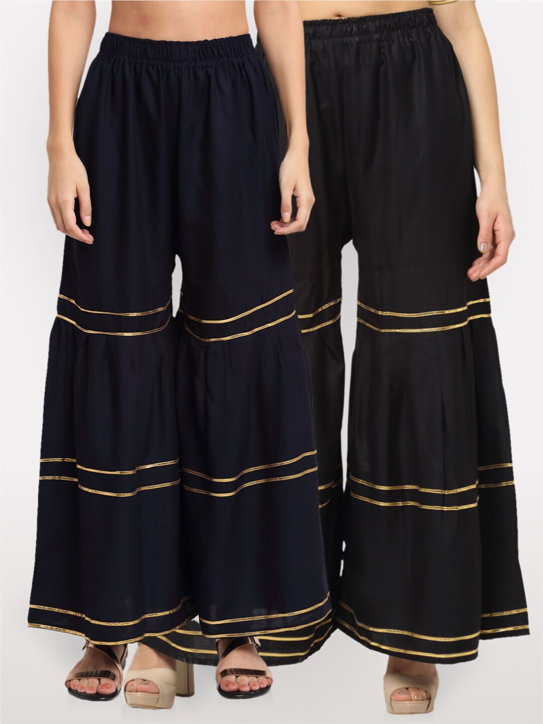

NEUDIS Women Pack Of 2 Navy Blue & Black Solid Flared Palazzos