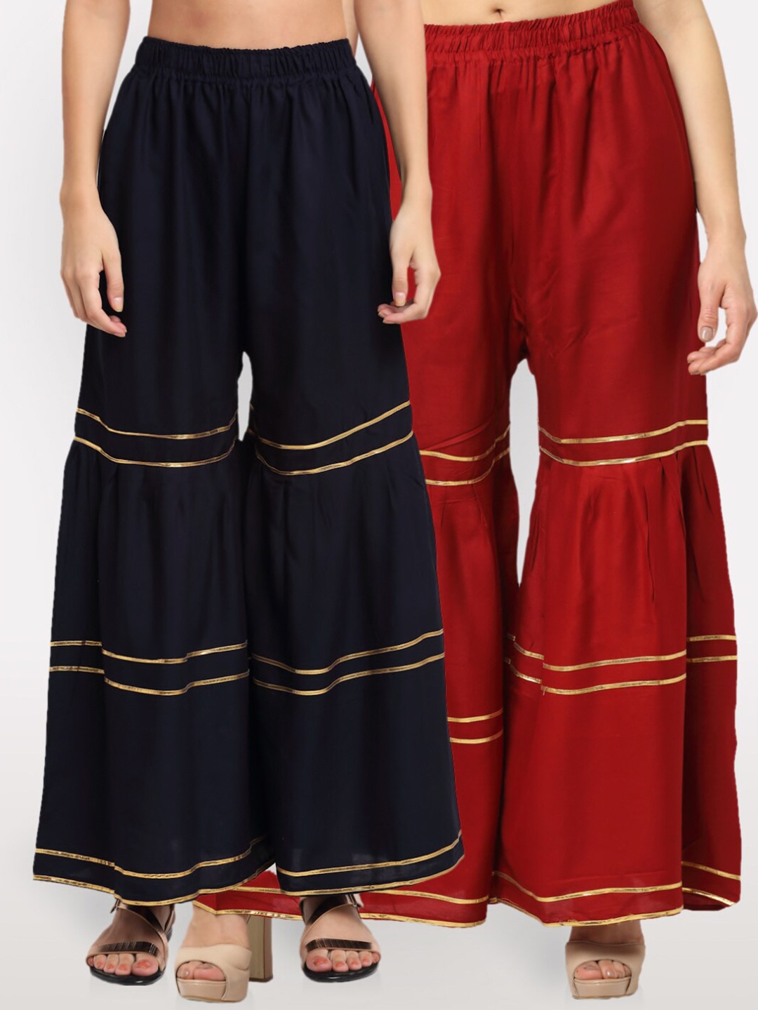 

NEUDIS Women Pack of 2 Flared Ethnic Palazzos, Navy blue