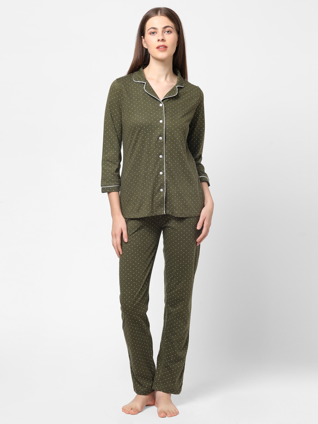 

Sweet Dreams Women Olive Green & White Printed Night suit