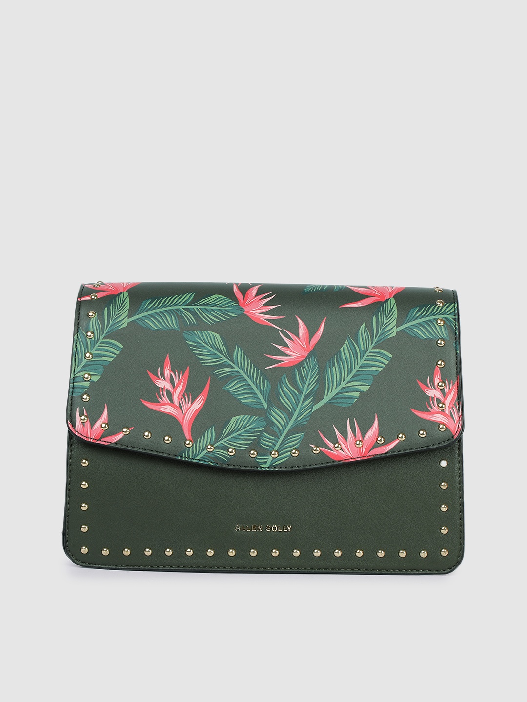 

Allen Solly Olive Green Floral Printed PU Regular Bowling Sling Bag with Embellishment