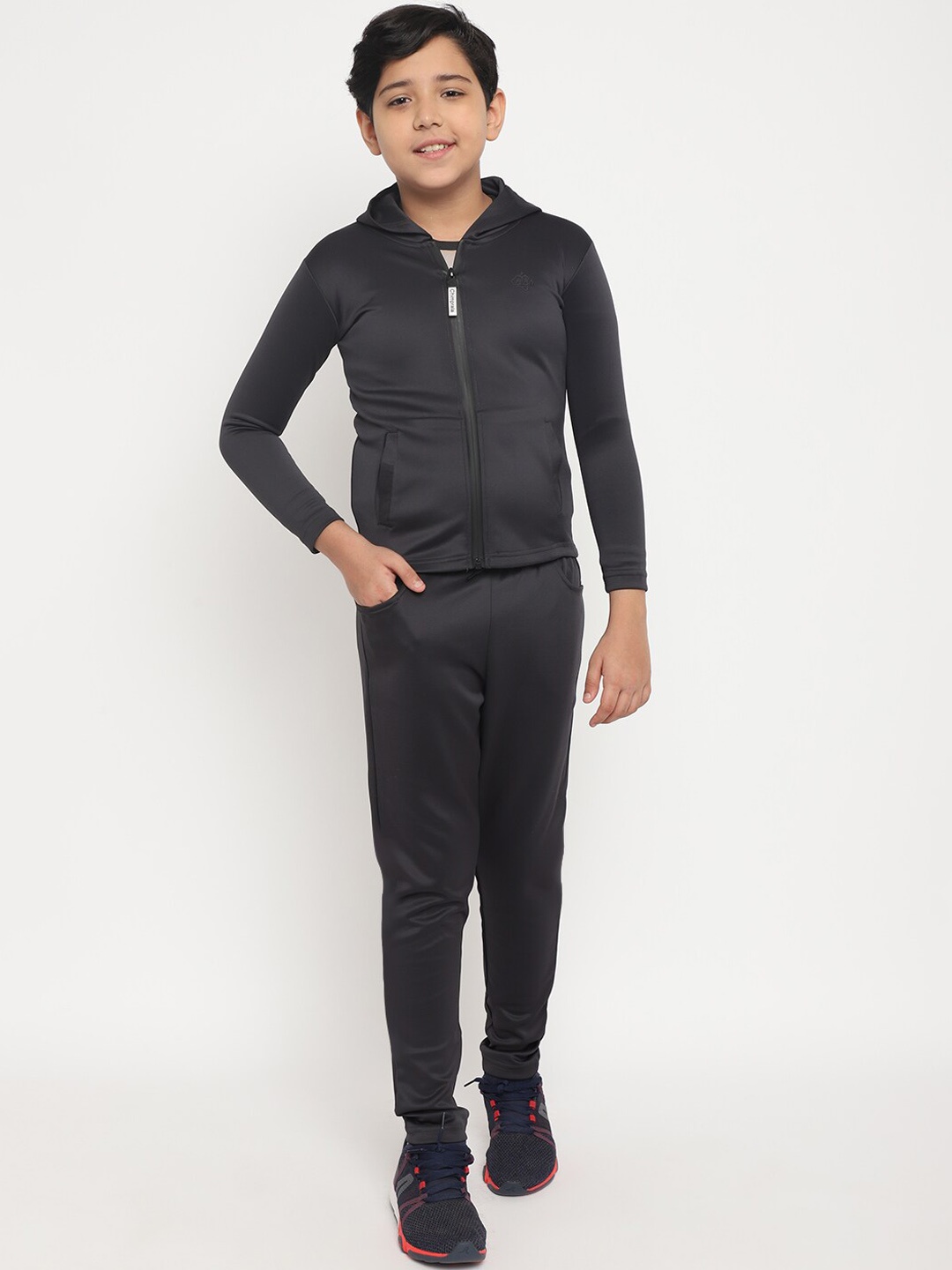 

CHIMPRALA Boys Charcoal Grey Solid Comfort-Fit Tracksuit