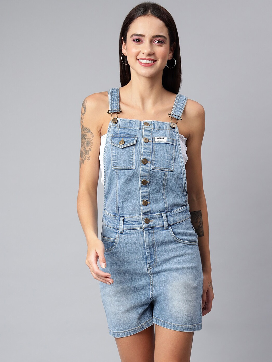 

FINSBURY LONDON Women Blue Solid Cotton Denim Dungarees