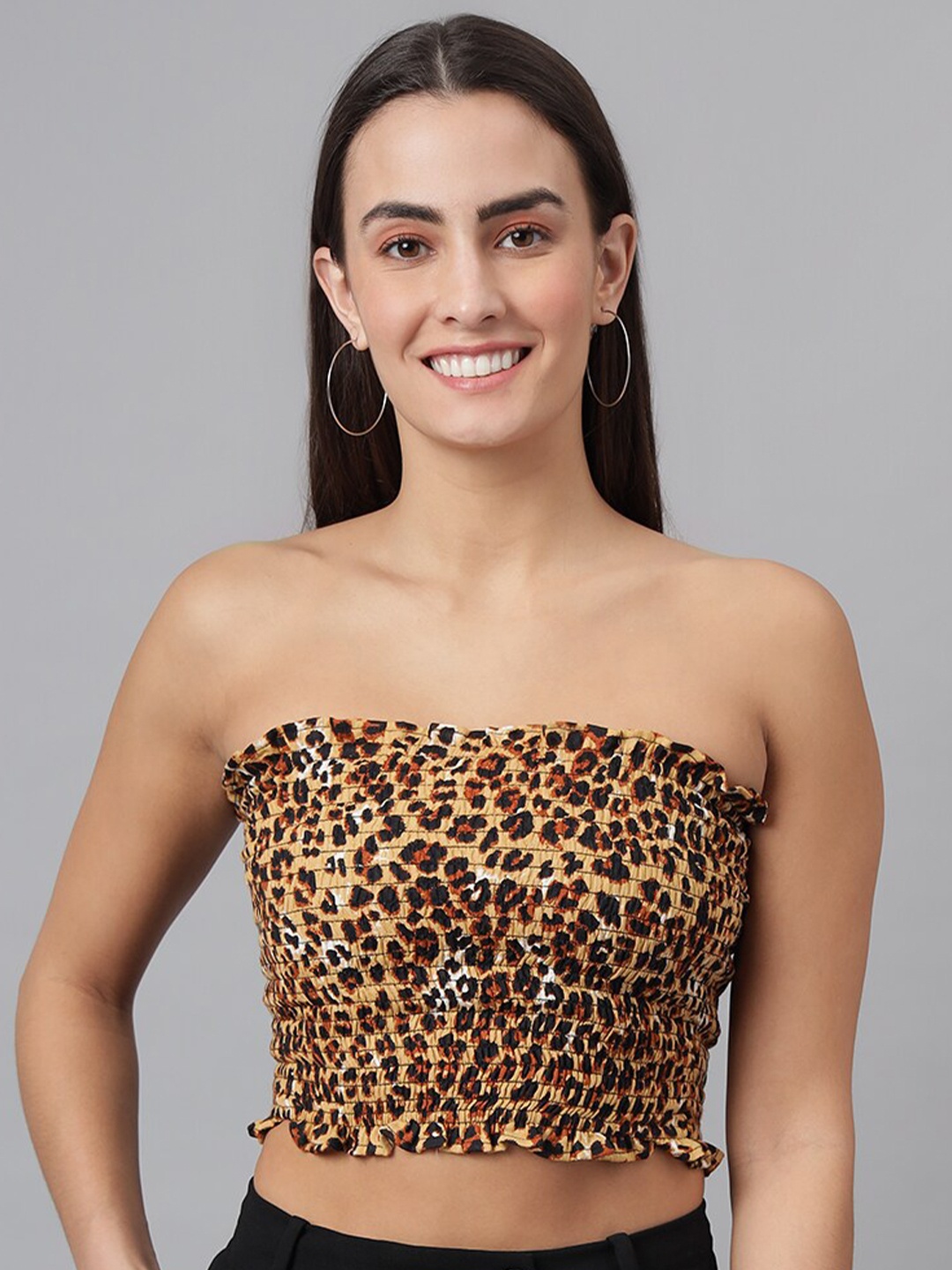 

FINSBURY LONDON Brown & Black Animal Smocked Tube Crop Top