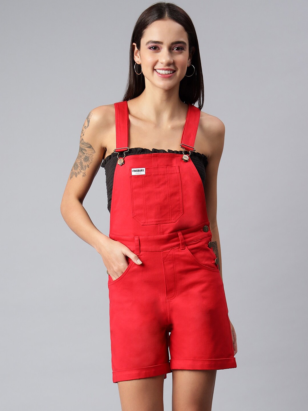 

FINSBURY LONDON Women Red Solid Cotton Twill Slim-Fit Dungarees