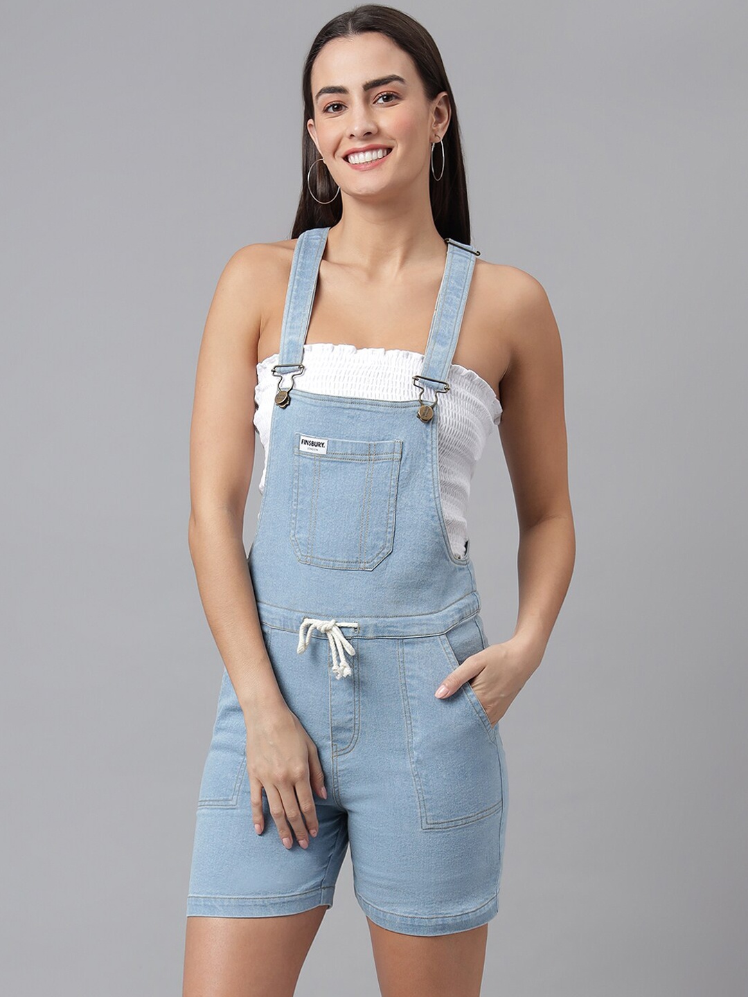 

FINSBURY LONDON Women Blue Solid Slim-Fit Denim Dungarees