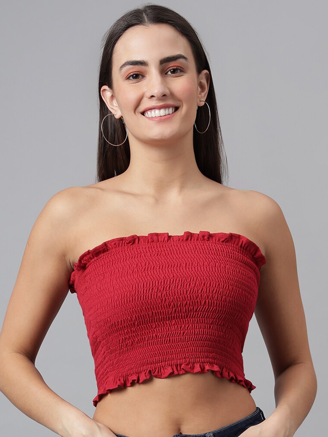 

FINSBURY LONDON Maroon Smocked Tube Crop Top