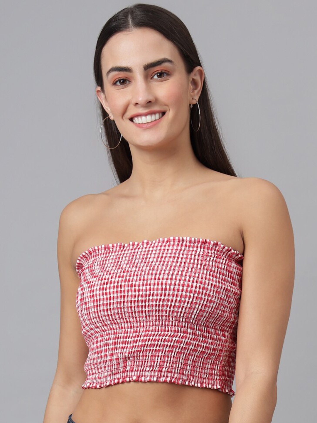 

FINSBURY LONDON Women Red Smocked Tube Crop Top