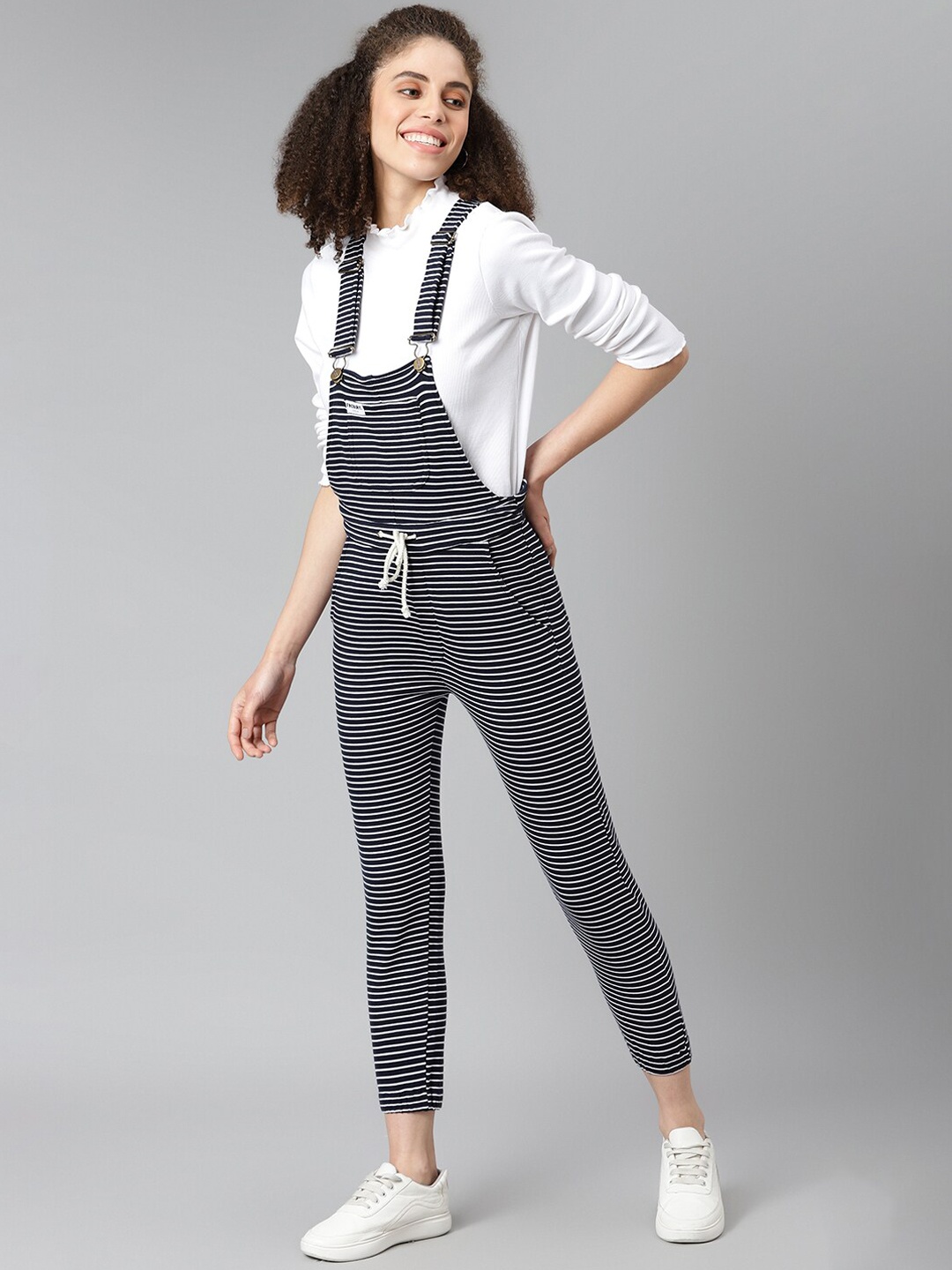 

FINSBURY LONDON Women Black & White Striped Straight Leg Cotton Dungarees