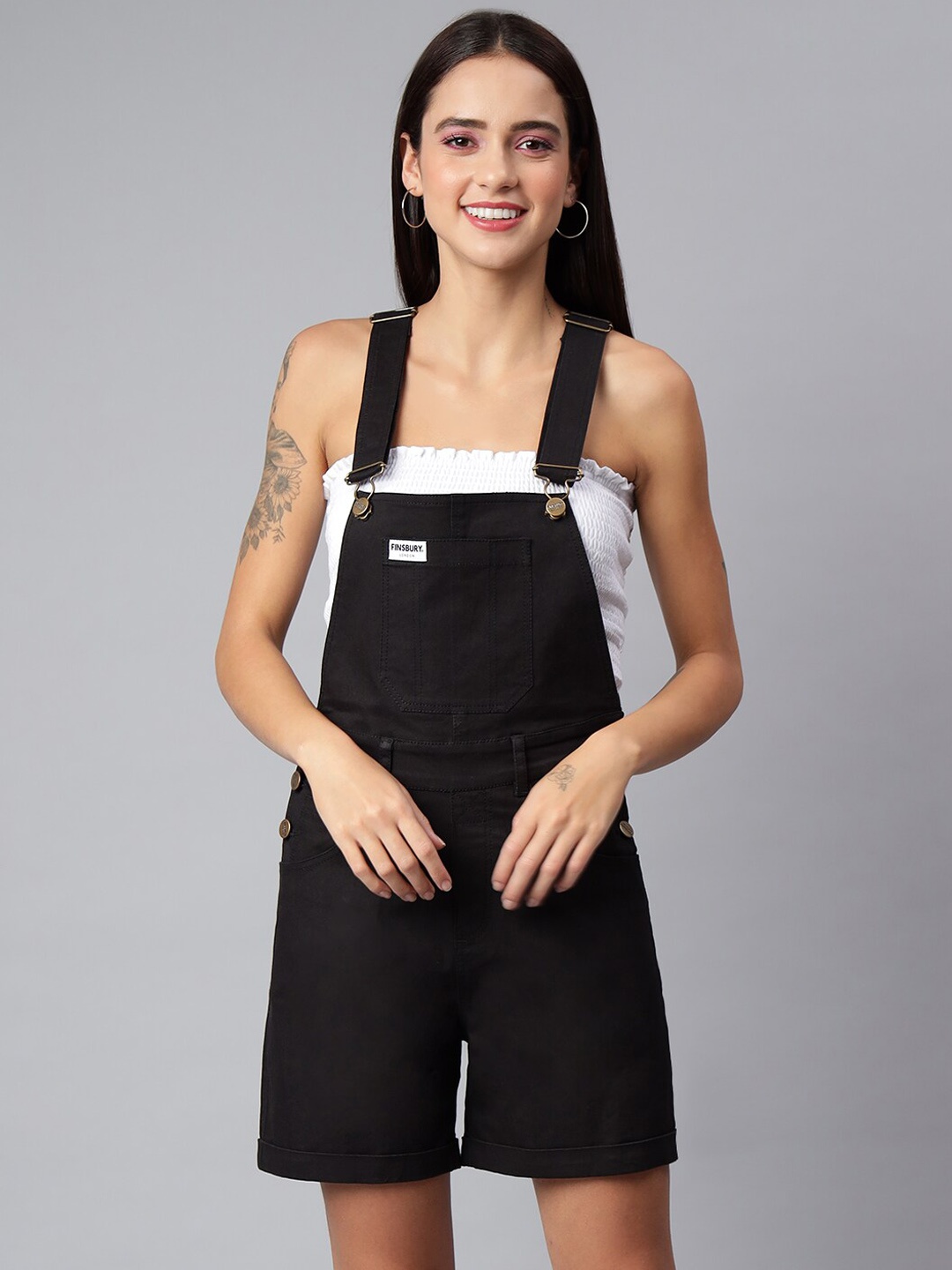 

FINSBURY LONDON Women Black Solid Above Knee-Length Dungaree