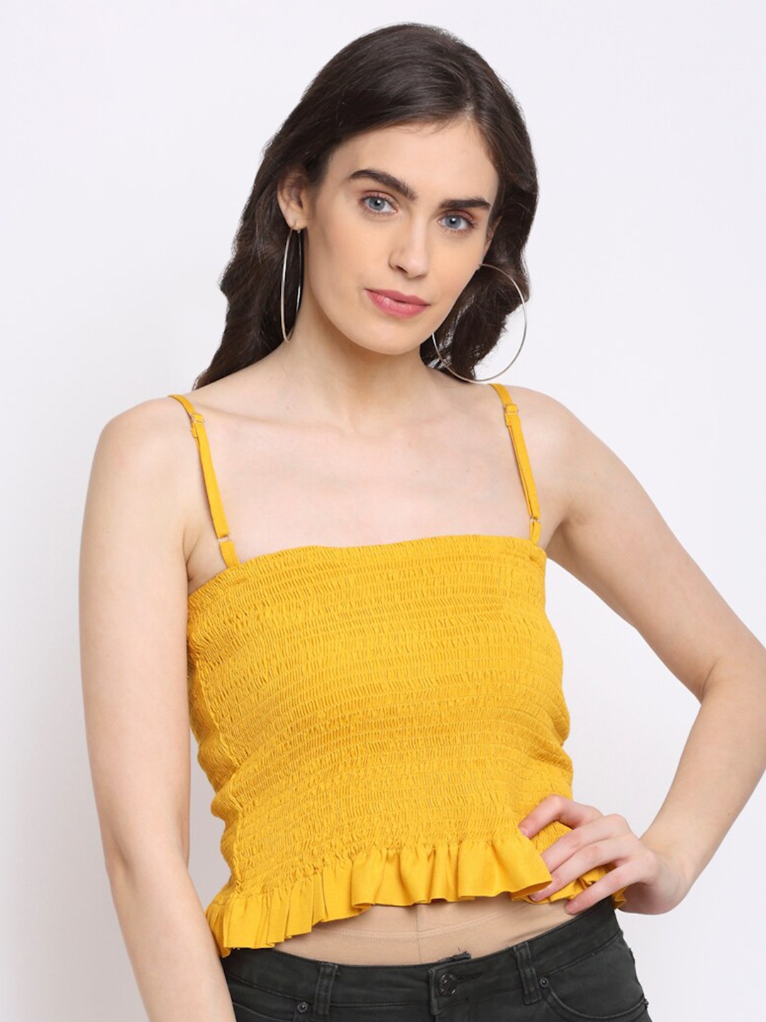 

NEUDIS Mustard Yellow Smocked Fitted Crop Top