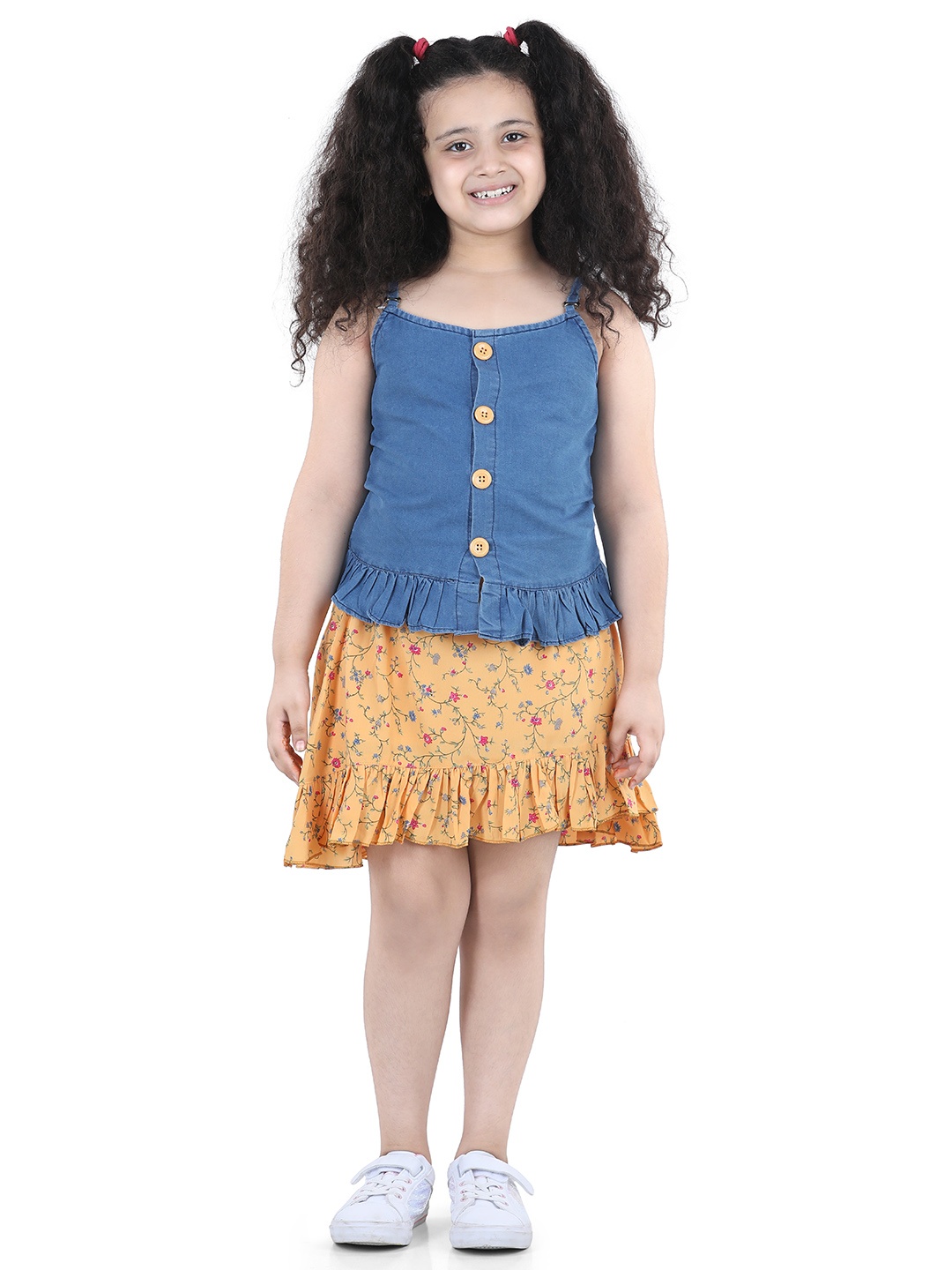 

ADIVA Girls Yellow & Blue Solid Denim Sleeveless Top With Skirt