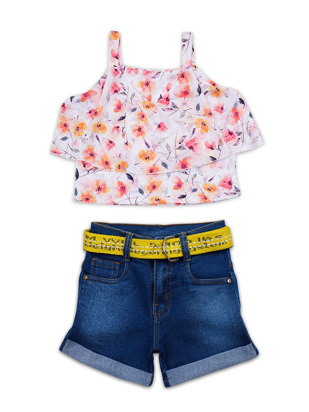 

ADIVA Girls White Floral Printed Top & Denim Shorts Set, Orange