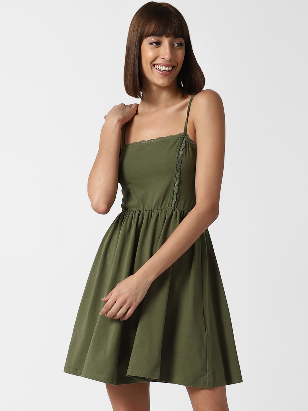 

FOREVER 21 Olive Green Lace-Trim Mini Dress