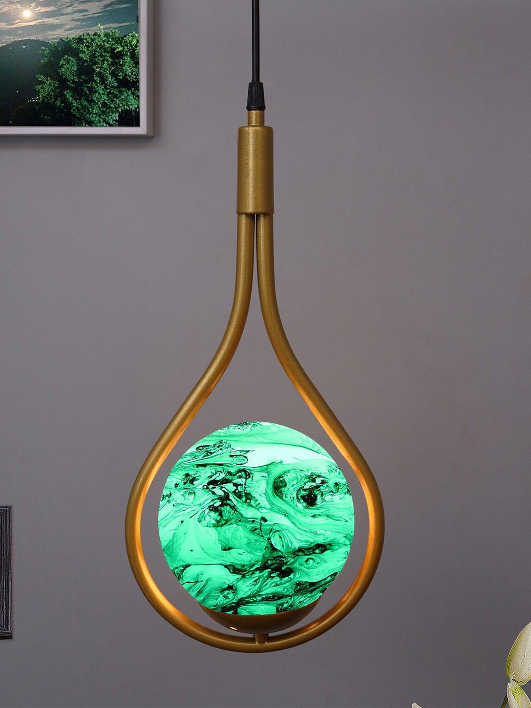 

Homesake Gold-Toned & Green Water Drop Planet Series Frosted Glass Ceiling Lamp