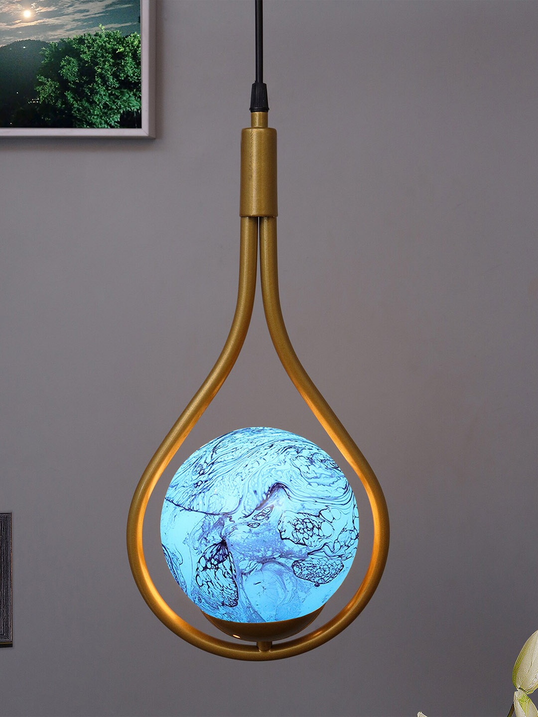 

Homesake Gold-Toned & Blue Water Drop Planet Series Frosted Glass Ceiling Lamp