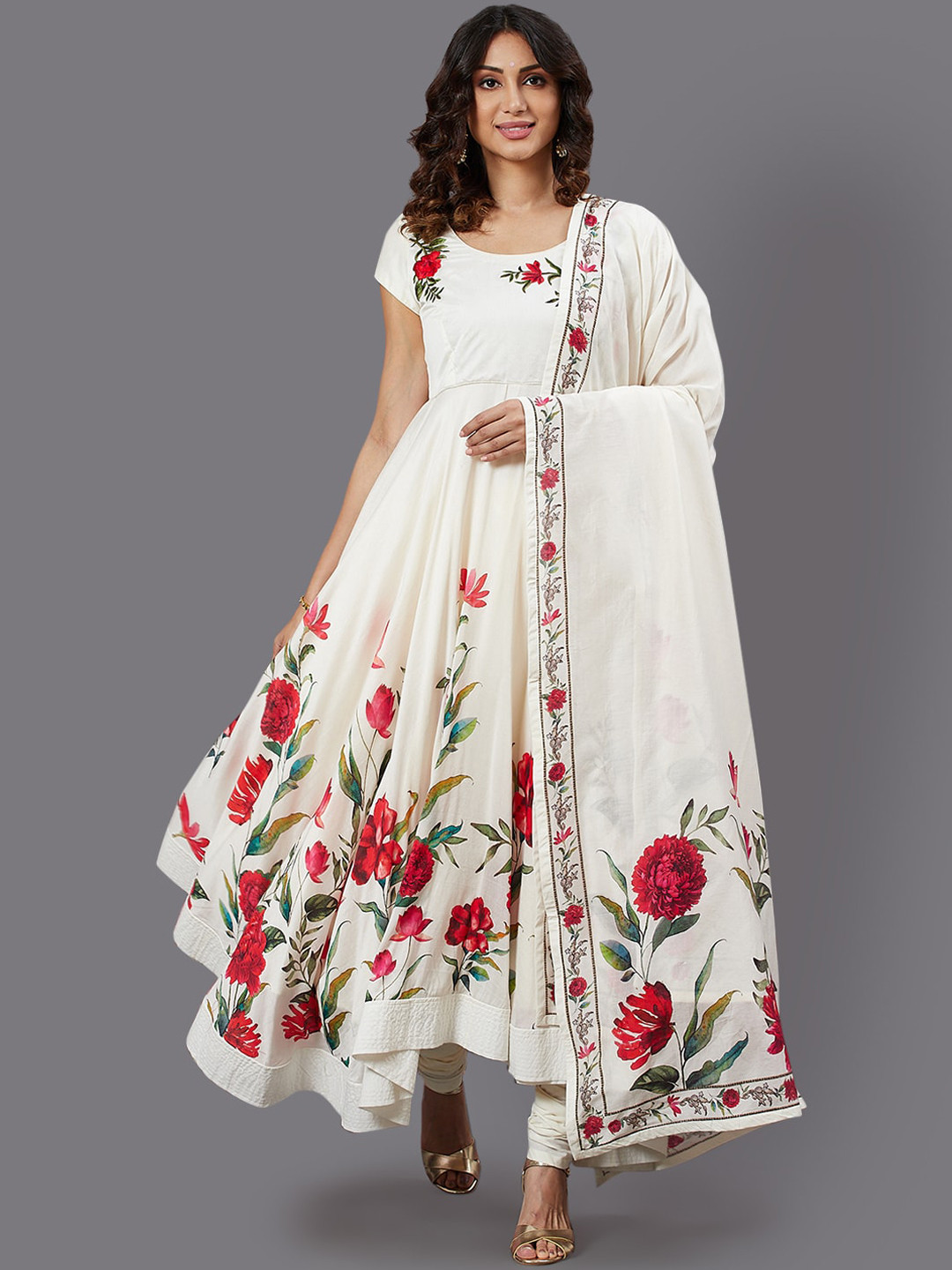 

Biba by Rohit Bal Cream-Coloured & Red Printed Pleated Kurta with Churidar & Dupatta