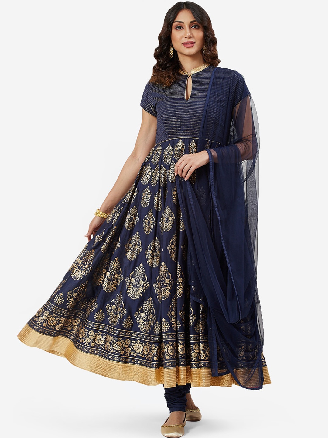 

Biba by Rohit Bal by Rohit Bal Navy Blue & Gold-Toned Motifs Pleated Kurta With Churidar & Dupatta