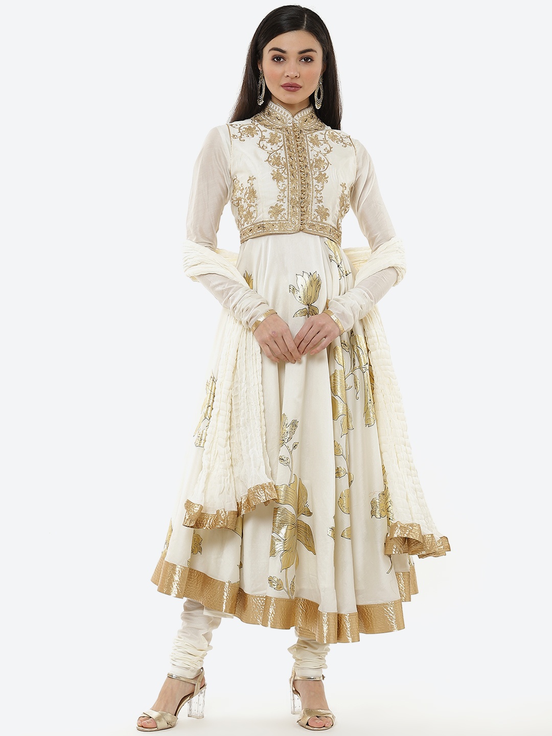 

Biba by Rohit Bal Off White & Gold-Toned Printed Pleated Kurta with Churidar & Dupatta