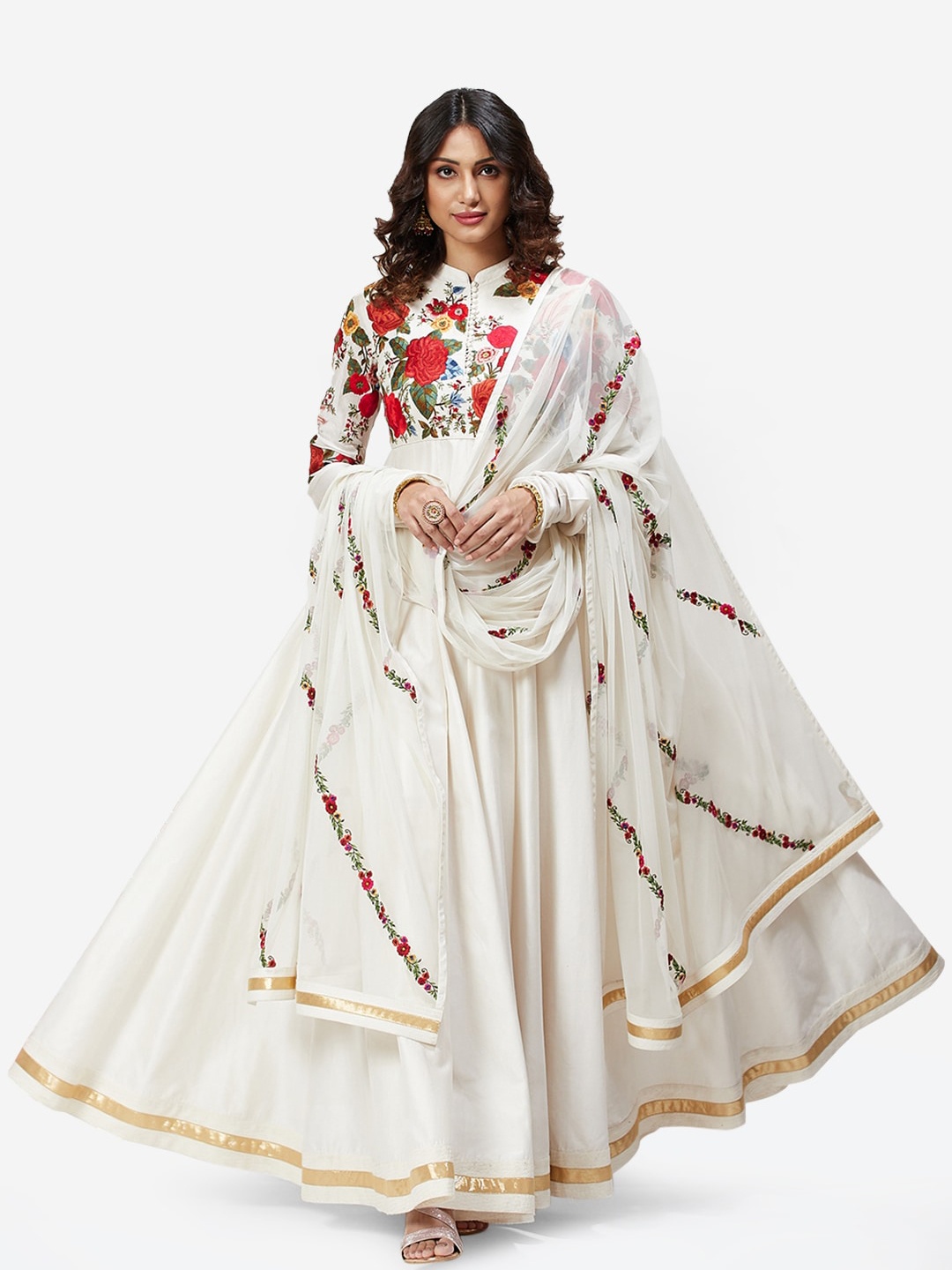 

Biba by Rohit Bal Off White & Red Floral Embroidered Pleated Kurta With Churidar & Dupatta